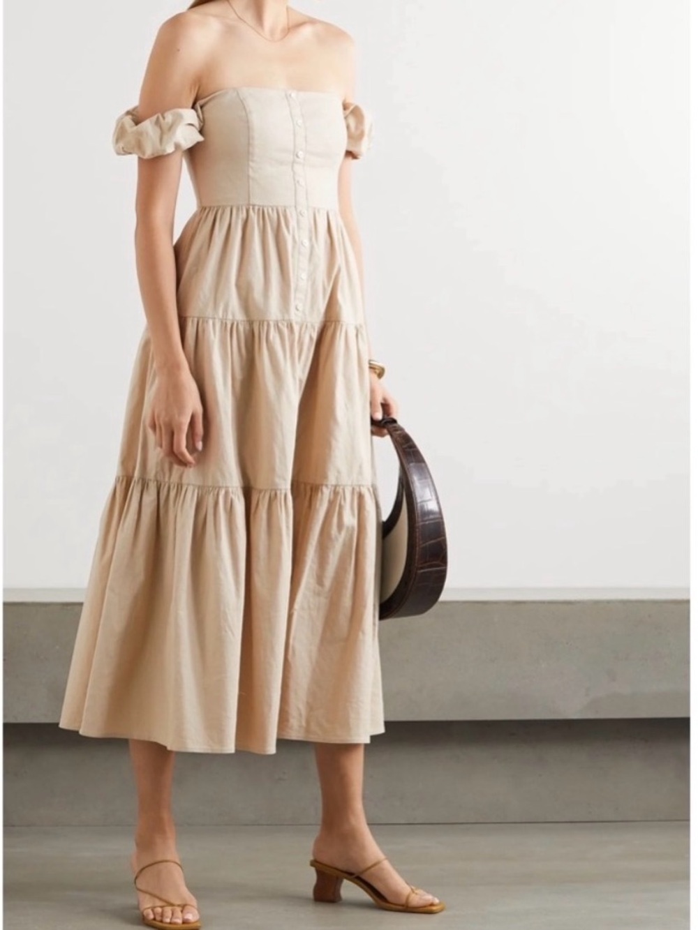 Like new! Staud Elio Off Shoulder Tiered Cotton Blend Midi Dress